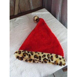 Leopard Print Christmas Santa Hat - Red Velvet - One Size Fits All - Pre owned